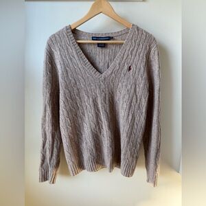 RALPH LAUREN SPORT Tan V Neck Cable Knit Merino Wool Angora Sweater Tennis XL